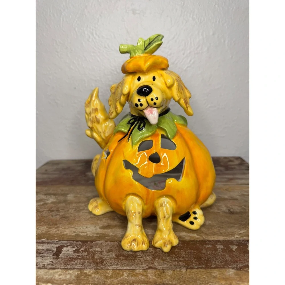 Blue Sky Halloween Ceramic Jack O Lantern Golden Retriever Candle Holder NEW